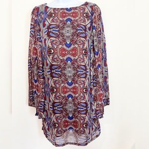 60s 70s style paisley print mini shift dress with mesh wide flare pleat sleeves